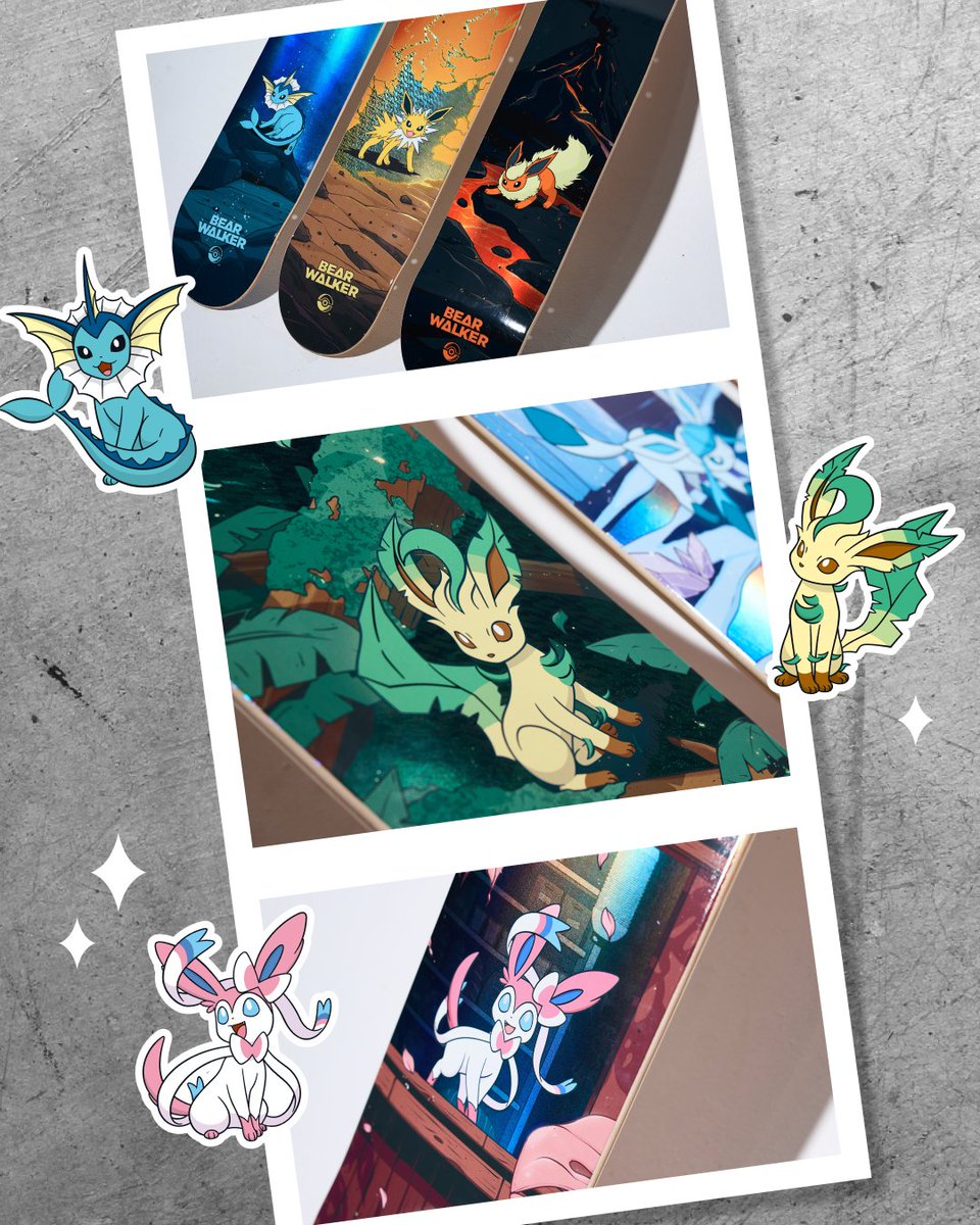 Pokemon's tweet photo. Get ready to skate in style with the new Eeveelutions Bear Walker collection from Pokémon Center 🛹✨

💙💛❤️💜🖤💚🤍💝🤎

https://t.co/oshsm6vOv4 https://t.co/Hlkw5hQHah