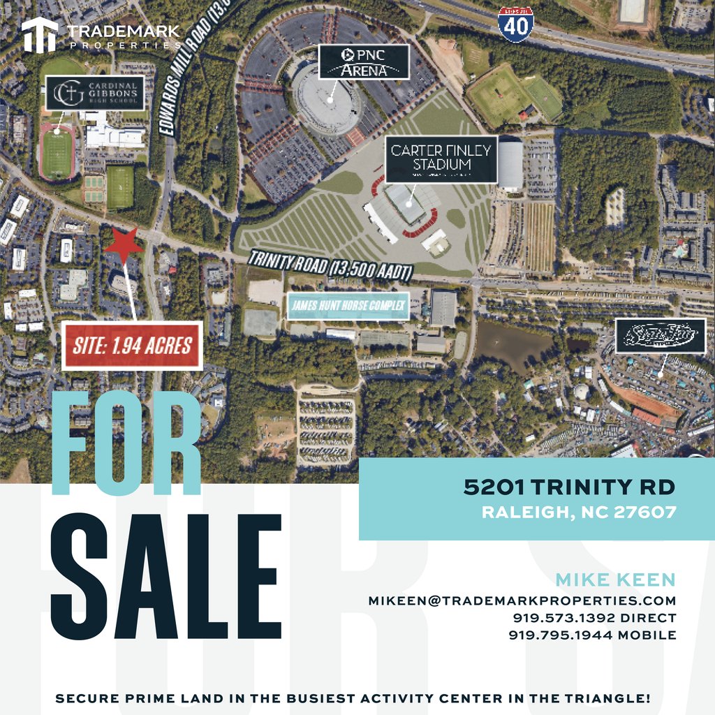 TradeMarkPropNC's tweet photo. This 1.94-acre parcel is situated at the signalized intersection of Edwards Mill Rd &amp; Trinity Rd, with excellent visibility &amp; access. Contact Mike Keen, mkeen@trademarkproperties.com or visit https://t.co/61mqLBSubE https://t.co/8FMZ8PbVRE