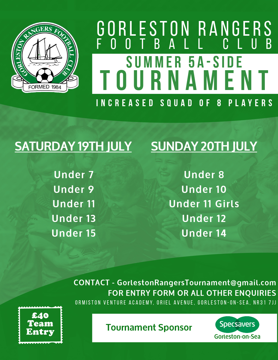 GorRangersYouth's tweet photo. With the seasons all nearing the end, dont miss out on Gorleston Rangers Summer Tournament ☀️⚽️🍦

Please share and email for further details

@NSYFL @EPSPORTSLTD @NWGFL @NorfolkCountyFA @NorfolkCYFL 

#grassrootsfootball #gorlestonrangers https://t.co/DbWTryXeSL