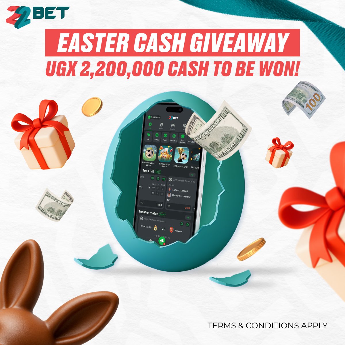 22BET_Uganda's tweet photo. Easter 💸Cash Giveaway!! 🎁

How to enter ❓

1️⃣ Follow us
2️⃣ Have a 22Bet Account
3️⃣  Place a Bet of at least UGX 5,000
4️⃣ Share a screenshot in replies with hashtag #22BetAlwaysPays
5️⃣ 22 Random winners to be selected. 

Winners to be announced on 22nd April 2025 🗓

#22BetGiveaways #22betAlwaysPays