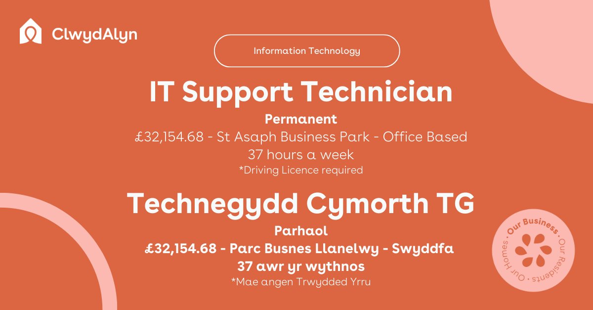 📣 Swydd Newydd/ New vacancy! 

🖥️ ⌨️  Technegydd Cymorth TG l IT support Technician
Dyddiad Cae l Closing Date 28/04/2025

I ddysgu mwy, ewch draw i'n gwefan: clwydalyn.co.uk/cy/work-for-us/

To learn more, head to our website: clwydalyn.co.uk/work-for-us/

#swyddnewydd #jobsnorthwales
