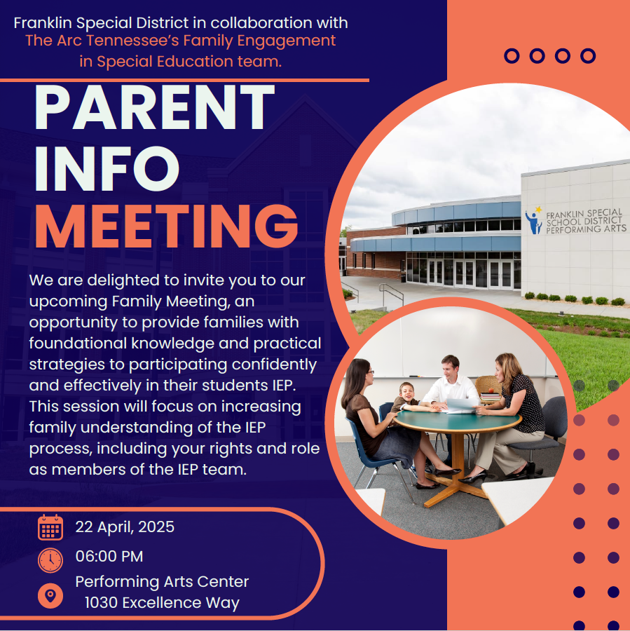 Franklin Special District (@franklinspecial) on Twitter photo In partnership with <a href="/TheArcTennessee/">The Arc Tennessee</a>, the FSD is excited to offer a Parent Information Meeting on April 22 at 6 PM at the <a href="/FSSDPAC/">FSSD Performing Arts Center</a>. This is an opportunity for families to gain knowledge and practical strategies to participate confidently and effectively in their child's IEP. In partnership with <a href="/TheArcTennessee/">The Arc Tennessee</a>, the FSD is excited to offer a Parent Information Meeting on April 22 at 6 PM at the <a href="/FSSDPAC/">FSSD Performing Arts Center</a>. This is an opportunity for families to gain knowledge and practical strategies to participate confidently and effectively in their child's IEP.