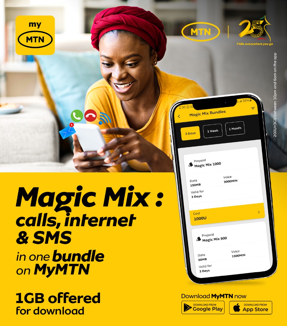 MTNCameroon's tweet photo. Do you want an all-in-one ? 👌🏾
With Magic Mix on MyMTN, calls, internet, and SMS in a single plan. Simple and practical! 💛
Download MyMTN now to get 1GB for free! 👉 https://t.co/Xd3MdEOFaV
#IndomitableNetwork
#25YearsOfAuthenticConnection https://t.co/g2PjylKIU2