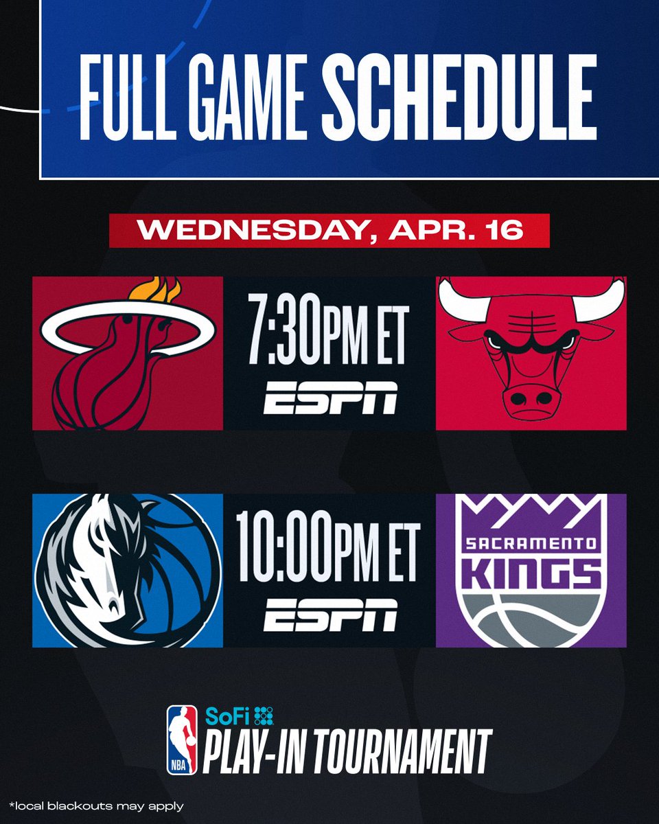 THE #SoFiPlayIn CONTINUES TONIGHT ‼️

▪️ CHI hosts MIA
▪️ SAC hosts DAL 
▪️ Winners face ATL, MEM on Friday for #8 seeds 

📺 7:30 &amp; 10:00pm/et on ESPN