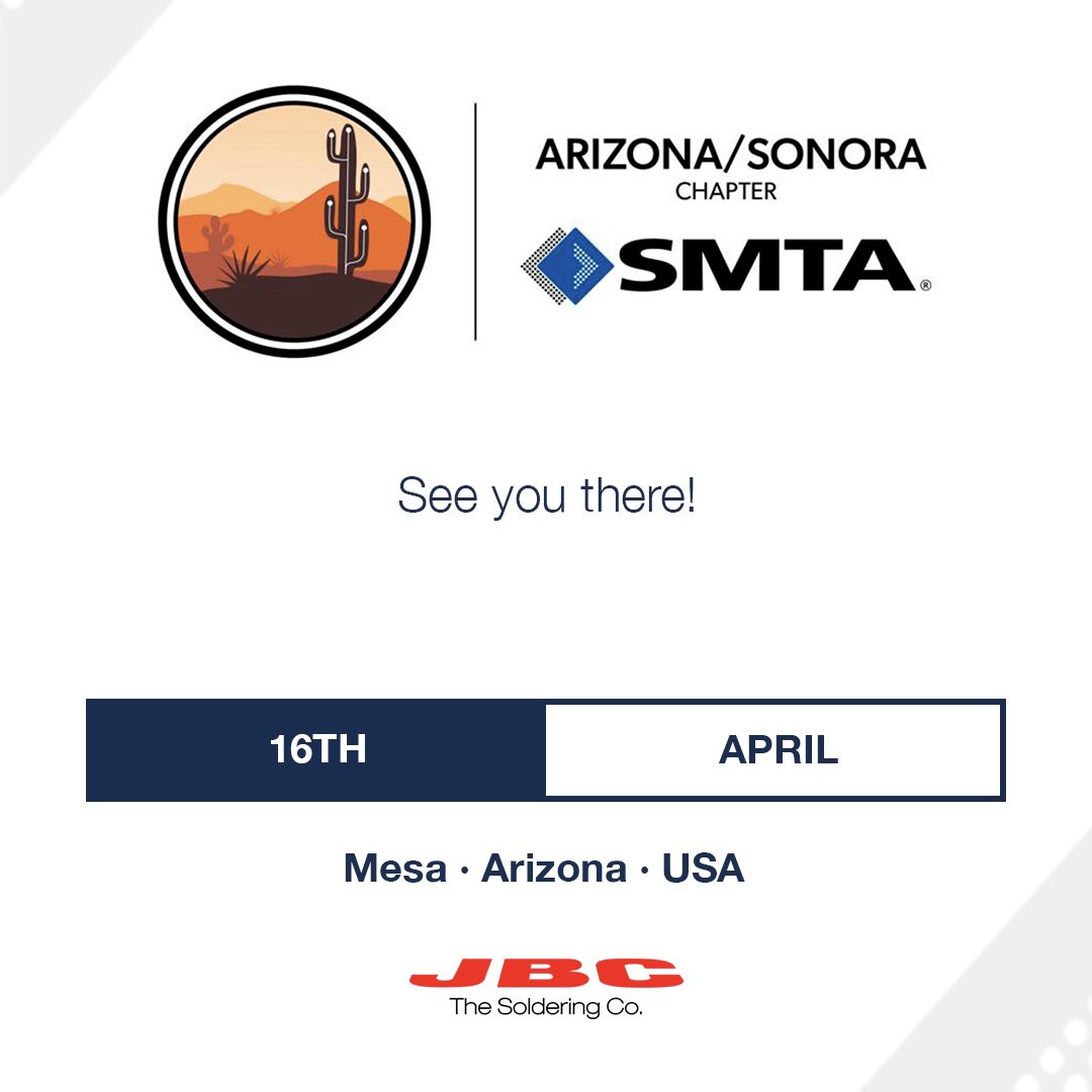 JBCTools's tweet photo. Today, we will be present at SMTA Arizona 2025. See you there!
📅 : April 16, 2025
🏢 : Double Tree by Hilton
🗺️ : Mesa, Arizona, USA
🌐 : https://t.co/juueWuenmm
#Arizona #electrical #engineering #components #handsoldering #JBCtools #rework #pcb #USA https://t.co/dsr4nup6tT