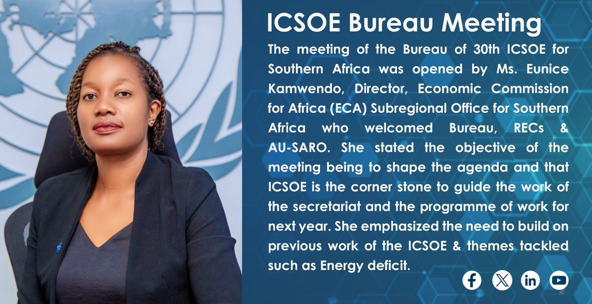 ECASROSA (@ecasrosa) on Twitter photo The Virtual meeting of the Bureau of 30th #ICSOE for Southern Africa was opened <a href="/ECASROSA/">ECASROSA</a>'s <a href="/EuniceKamwendo/">Eunice G. Kamwendo</a> who welcomed Bureau, #RECs & Africa-SARO.
<a href="/ECA_OFFICIAL/">ECA</a> <a href="/mofnpzambia/">Ministry of Finance & National Planning - Zambia</a> <a href="/SADC_News/">SADC Secretariat</a>
<a href="/COMESA_HQ/">COMESA Secretariat</a> <a href="/UNZambia/">UN Zambia</a> <a href="/MalawiGovt/">Malawi Government🇲🇼</a>
<a href="/EswatiniGovern1/">Eswatini Government</a> <a href="/saro_au/">African Union-SARO</a> The Virtual meeting of the Bureau of 30th #ICSOE for Southern Africa was opened <a href="/ECASROSA/">ECASROSA</a>'s <a href="/EuniceKamwendo/">Eunice G. Kamwendo</a> who welcomed Bureau, #RECs & Africa-SARO.
<a href="/ECA_OFFICIAL/">ECA</a> <a href="/mofnpzambia/">Ministry of Finance & National Planning - Zambia</a> <a href="/SADC_News/">SADC Secretariat</a>
<a href="/COMESA_HQ/">COMESA Secretariat</a> <a href="/UNZambia/">UN Zambia</a> <a href="/MalawiGovt/">Malawi Government🇲🇼</a>
<a href="/EswatiniGovern1/">Eswatini Government</a> <a href="/saro_au/">African Union-SARO</a>