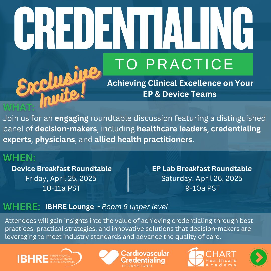 ChartAcademy's tweet image. Big voices. Real talk. Don’t miss it! 🗣️

Join us at HRS 2025 for a dynamic roundtable discussion with healthcare leaders, credentialing pros, physicians, and allied health experts.  👥🩺 

#HRS2025 #CHARTConversations #EPCommunity #CHARTepPro #EPeeps #VivaEP #CredentialingCounts