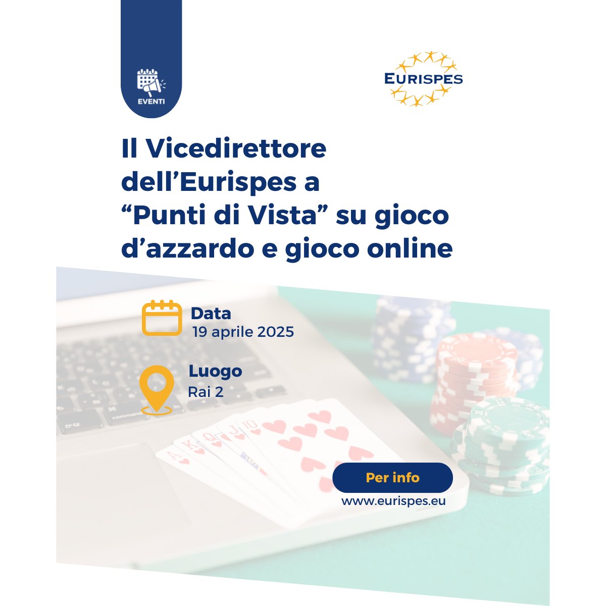 Eurispes's tweet image. #Gioco d'azzardo, #giocoonline e #dipendenze da gioco. Se ne parlerà su #Rai2 sabato 19 aprile alle ore 8,20 nel programma "Punti di Vista" di Luca Mazza'. Tra gli ospiti in studio Raffaella Saso, Vicedirettore della Ricerca di #Eurispes.