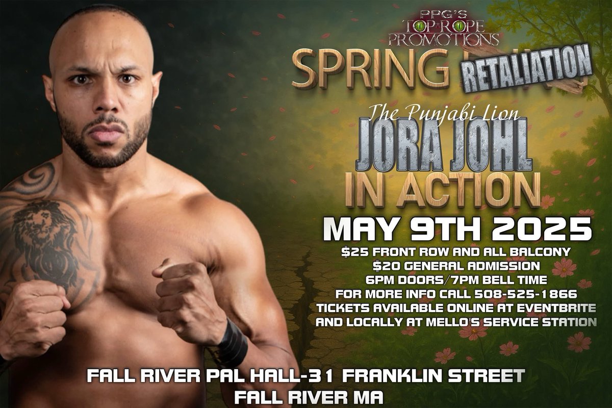 Fan Favorite <a href="/jorajohl/">Jora Johl</a> returns to Fall River, on Friday May 9th as part of Spring Retaliation, Online tickets for this event are available now at 
eventbrite.com/e/trp-spring-r…

We will announce two more stars appearing at this event later today.