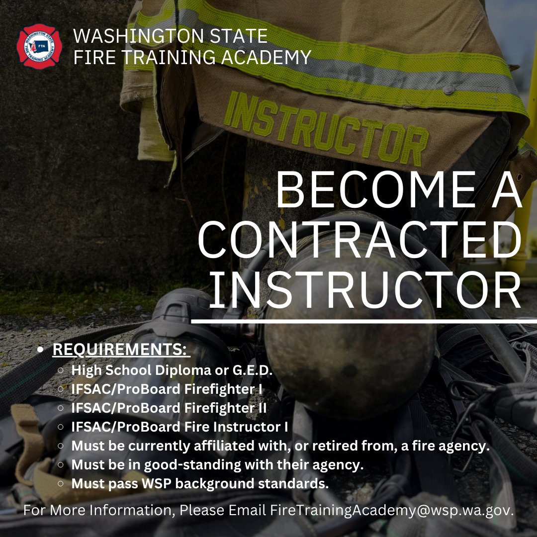 Become a Contract Instructor with the #WAFTA! Email the #FTA for more information!
#WAFireAcademy #Firefighter #Firefighters #WAFirefighter #WAFirefighters