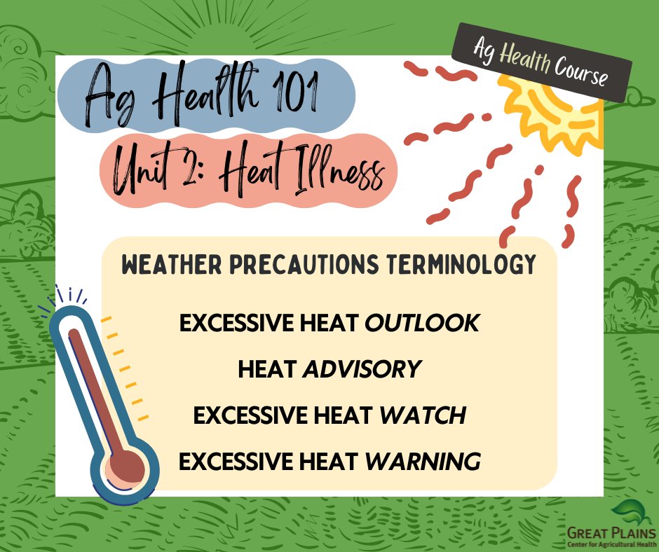 Great Plains Center (@gpcah) on Twitter photo Do you understand the different levels of #๐ต๐ฒ๐ฎ๐๐๐ฎ๐ฟ๐ป๐ถ๐ป๐ด? Are you familiar with ways to prevent heat illnesses? Learn about what each of these warnings mean & how to schedule work by listening to Ch. 3 of #๐๐ฆ๐ข๐ต๐๐ญ๐ญ๐ฏ๐ฆ๐ด๐ด in #AgHealth101. gpcah.public-health.uiowa.edu/aghealth101_heโฆ Do you understand the different levels of #๐ต๐ฒ๐ฎ๐๐๐ฎ๐ฟ๐ป๐ถ๐ป๐ด? Are you familiar with ways to prevent heat illnesses? Learn about what each of these warnings mean & how to schedule work by listening to Ch. 3 of #๐๐ฆ๐ข๐ต๐๐ญ๐ญ๐ฏ๐ฆ๐ด๐ด in #AgHealth101. gpcah.public-health.uiowa.edu/aghealth101_heโฆ