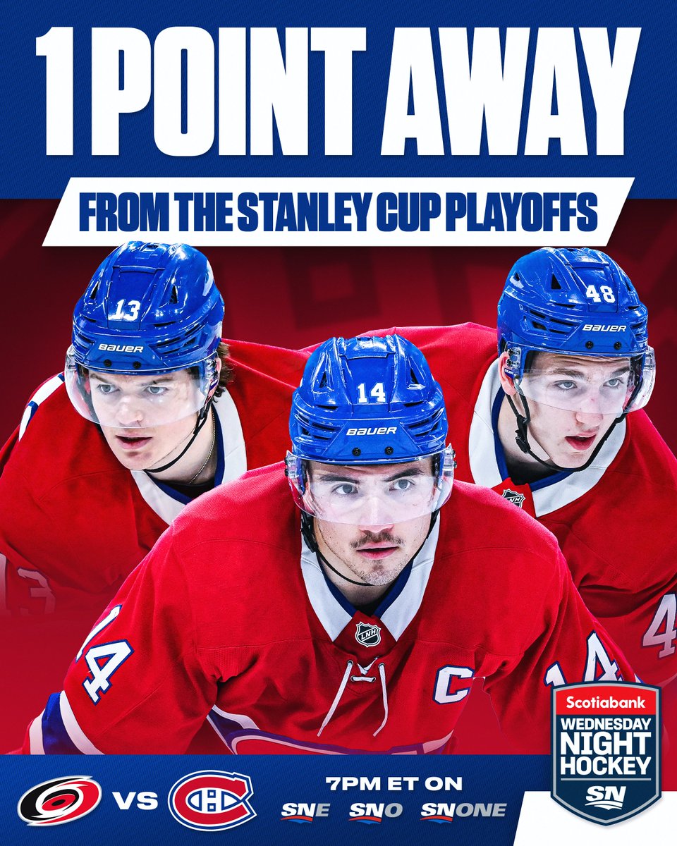 Will Montreal punch their ticket to the #StanleyCup Playoffs tonight? 🎟️

One point against the Canes on @Scotiabank Wednesday Night Hockey could seal the deal!

📺 Tune in at 7pm ET on SNE, SNO, SN1 or stream on Sportsnet+