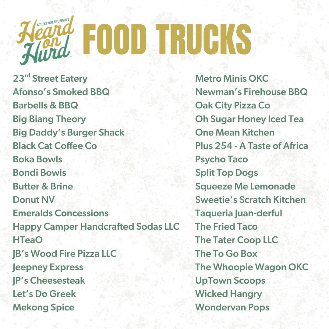 CBE's Heard on Hurd (@heardonhurd) on Twitter photo With more than 30 food trucks, we hope you come hungry to #heardonhurd! Here's a list so you can find your favs:
See you Saturday! #jointhehurd
Presented by <a href="/CitizensEdmond/">Citizens Bank</a> With more than 30 food trucks, we hope you come hungry to #heardonhurd! Here's a list so you can find your favs:
See you Saturday! #jointhehurd
Presented by <a href="/CitizensEdmond/">Citizens Bank</a>