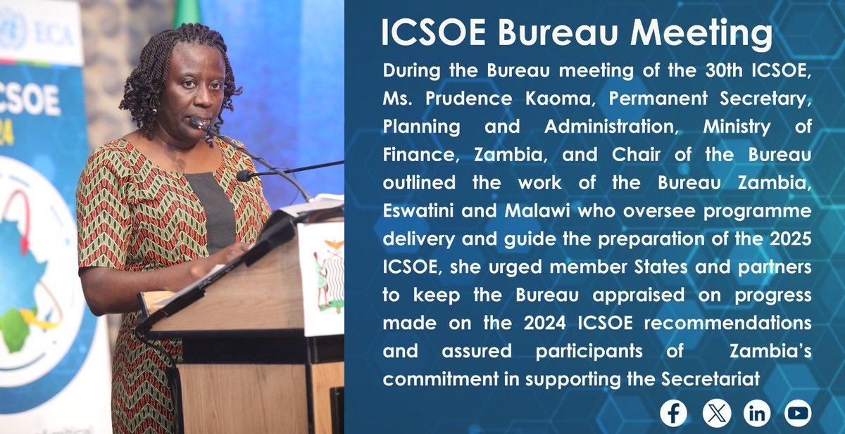 ECASROSA (@ecasrosa) on Twitter photo During the Bureau meeting of the 30th #ICSOE, <a href="/mofnpzambia/">Ministry of Finance & National Planning - Zambia</a>'s PS, Prudence Kaoma outlined the work of the Bureau #Zambia, #Eswatini & #Malawi who oversee programme delivery & guide the preparation of the 2025 ICSOE.
<a href="/ECA_OFFICIAL/">ECA</a> <a href="/mofnpzambia/">Ministry of Finance & National Planning - Zambia</a> <a href="/MalawiGovt/">Malawi Government🇲🇼</a> <a href="/EswatiniGovern1/">Eswatini Government</a> <a href="/saro_au/">African Union-SARO</a> During the Bureau meeting of the 30th #ICSOE, <a href="/mofnpzambia/">Ministry of Finance & National Planning - Zambia</a>'s PS, Prudence Kaoma outlined the work of the Bureau #Zambia, #Eswatini & #Malawi who oversee programme delivery & guide the preparation of the 2025 ICSOE.
<a href="/ECA_OFFICIAL/">ECA</a> <a href="/mofnpzambia/">Ministry of Finance & National Planning - Zambia</a> <a href="/MalawiGovt/">Malawi Government🇲🇼</a> <a href="/EswatiniGovern1/">Eswatini Government</a> <a href="/saro_au/">African Union-SARO</a>
