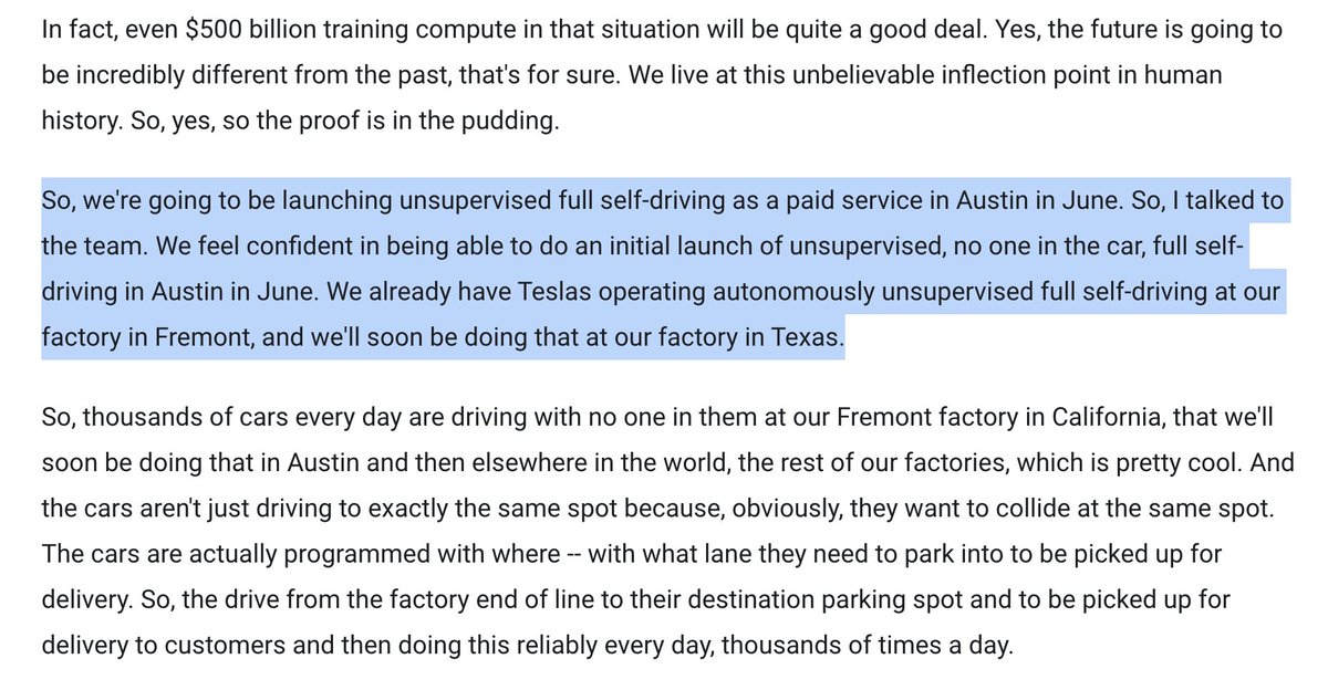 Tslachan's tweet photo. $TSLA
Elon On: 
"We're going to be launching unsupervised full self-driving as a paid service in Austin in June."

"So, I talked to the team."

"We feel confident in being able to do an initial launch of unsupervised, no one in the car, full self-driving in Austin in June." https://t.co/UmatqJKSmG