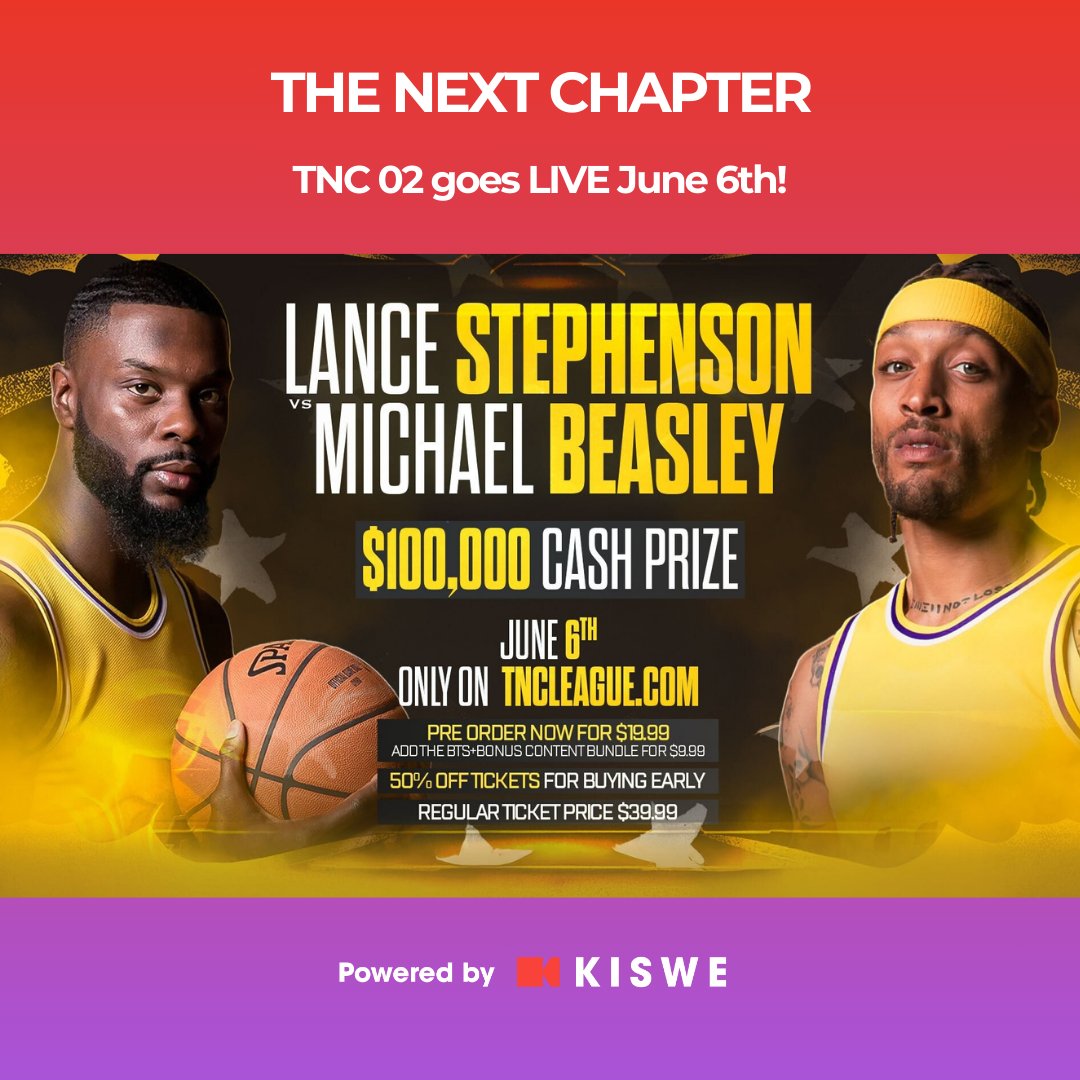 Kiswe 📹 (@kiswevideo) on Twitter photo Kiswe is teaming up with <a href="/Next22Chapter/">The Next Chapter</a> to launch a new streaming platform ahead of #TNC02, live June 6th!
💥 Lance Stephenson vs. Michael Beasley
💰 $100K on the line
🗳️ Fans vote on undercard matchups
Stream it live at tncleague.com !
#PPV #Basketball #Kiswe Kiswe is teaming up with <a href="/Next22Chapter/">The Next Chapter</a> to launch a new streaming platform ahead of #TNC02, live June 6th!
💥 Lance Stephenson vs. Michael Beasley
💰 $100K on the line
🗳️ Fans vote on undercard matchups
Stream it live at tncleague.com !
#PPV #Basketball #Kiswe