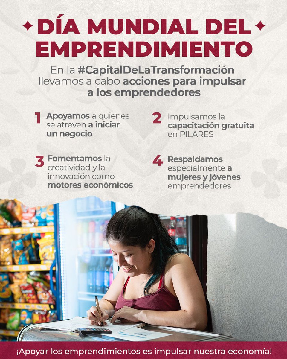 Clara Brugada Molina (@clarabrugadam) on Twitter photo En el #DíaMundialDelEmprendimiento reconocemos el talento, la innovación y el esfuerzo de miles de emprendedores de nuestra capital. Desde el <a href="/GobCDMX/">Gobierno de la Ciudad de México</a> los seguiremos impulsando porque cuando una idea crece, crece nuestra ciudad. #CapitalDeLaTransformación En el #DíaMundialDelEmprendimiento reconocemos el talento, la innovación y el esfuerzo de miles de emprendedores de nuestra capital. Desde el <a href="/GobCDMX/">Gobierno de la Ciudad de México</a> los seguiremos impulsando porque cuando una idea crece, crece nuestra ciudad. #CapitalDeLaTransformación