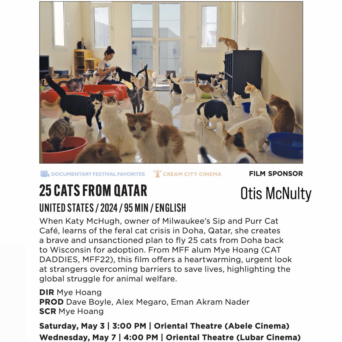 🙀First film still reveal!  And a very accurate write-up of our new film 25 CATS FROM QATAR, premiering May 3rd at the <a href="/mkefilm/">Milwaukee Film</a> festival.  🎟️ TIX are now on sale on the festival website!!  😺