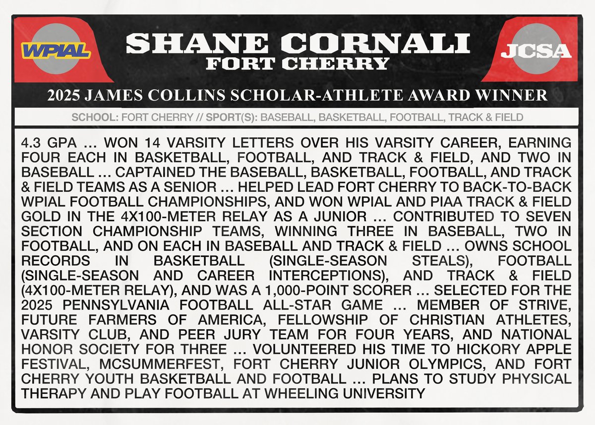 WPIAL (@wpial7) on Twitter photo 𝟐𝟎𝟐𝟓 𝐖𝐏𝐈𝐀𝐋 𝐉𝐚𝐦𝐞𝐬 𝐂𝐨𝐥𝐥𝐢𝐧𝐬 𝐒𝐜𝐡𝐨𝐥𝐚𝐫-𝐀𝐭𝐡𝐥𝐞𝐭𝐞 𝐀𝐰𝐚𝐫𝐝 𝐖𝐢𝐧𝐧𝐞𝐫
🥇 Shane Cornali, <a href="/FCSDInfo/">FortCherrySD</a>
#WPIAL | 📚🏆 𝟐𝟎𝟐𝟓 𝐖𝐏𝐈𝐀𝐋 𝐉𝐚𝐦𝐞𝐬 𝐂𝐨𝐥𝐥𝐢𝐧𝐬 𝐒𝐜𝐡𝐨𝐥𝐚𝐫-𝐀𝐭𝐡𝐥𝐞𝐭𝐞 𝐀𝐰𝐚𝐫𝐝 𝐖𝐢𝐧𝐧𝐞𝐫
🥇 Shane Cornali, <a href="/FCSDInfo/">FortCherrySD</a>
#WPIAL | 📚🏆