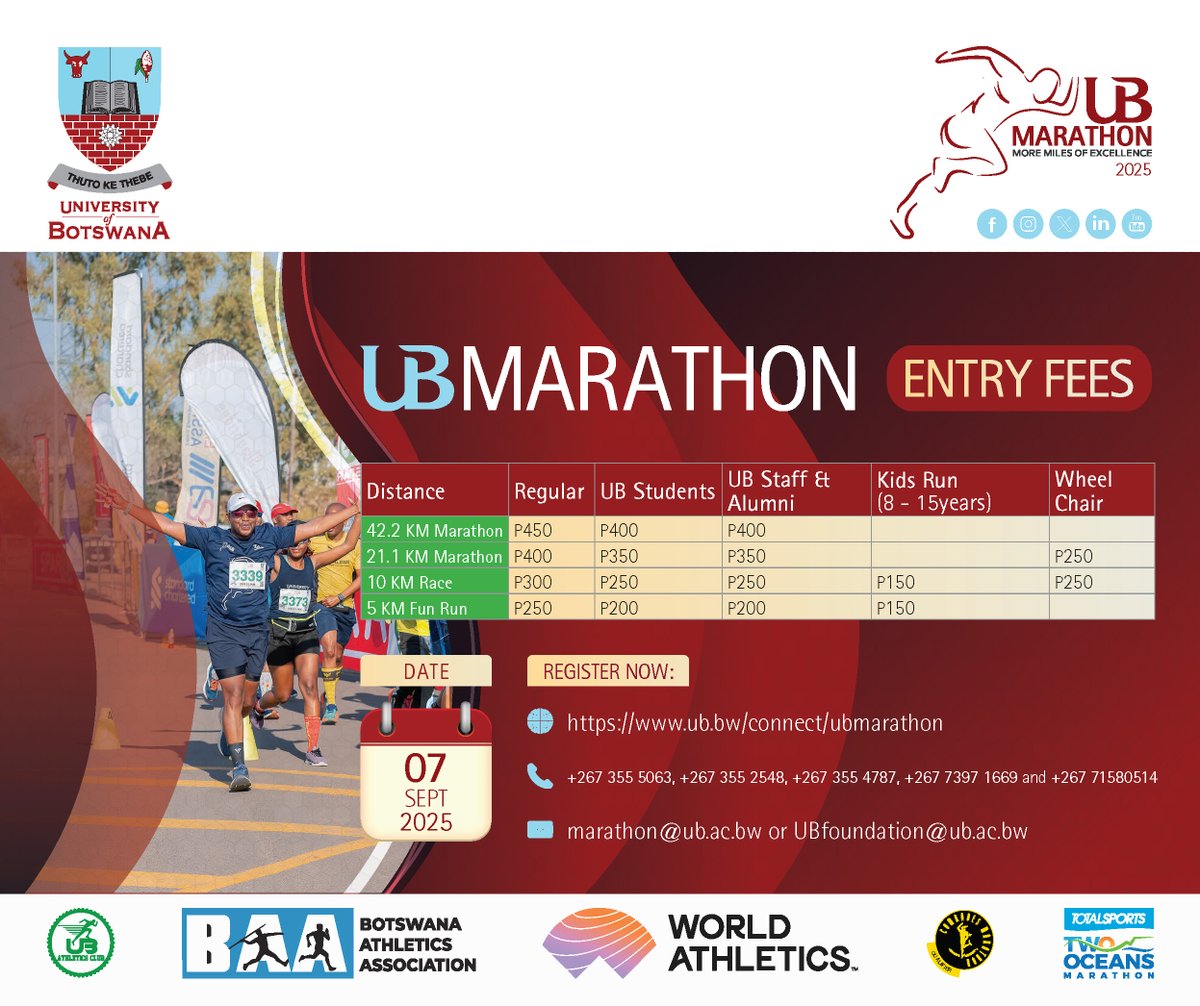 UBBotswana's tweet photo. The journey to the UB Marathon continues.
Register now at: https://t.co/UN5l3tuSIC
#runforapurpose
#doitforBasco
#moremilesofexcellence https://t.co/OY9rYIpCaj