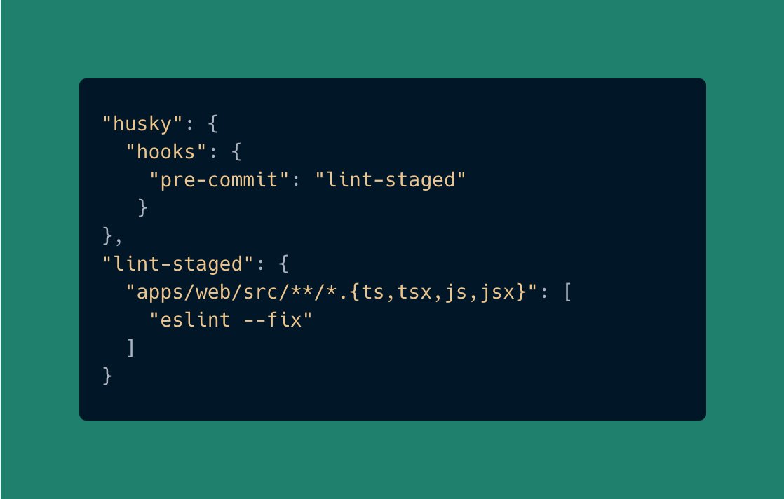 Flaunt_AI's tweet photo. 1. you should configure husky in the root of your mono repo

2. and you should configure lint-staged in each app / package, not at the root.

3. for lint-staged the relative path to your files is FROM THE ROOT, like "apps/web/src/**/*.{ts,tsx,js,jsx}", rather than "src/**/*.{ts,tsx,js,jsx}"