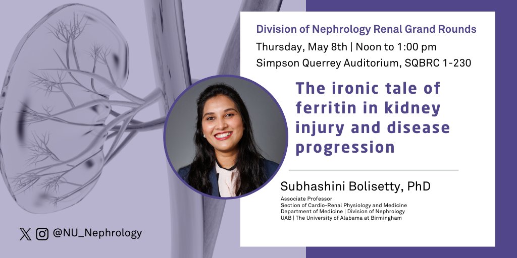 NU_Nephrology's tweet image. Please join us this Thursday as we welcome Subhashini Bolisetty from the University of Alabama at Birmingham  for Renal Grand Rounds!  
📅Date: May 8th  
⏰Time: 12:00-1:00pm  
📍Location: Simpson Querrey auditorium

Webinar: northwestern.zoom.us/j/98186908927?…
