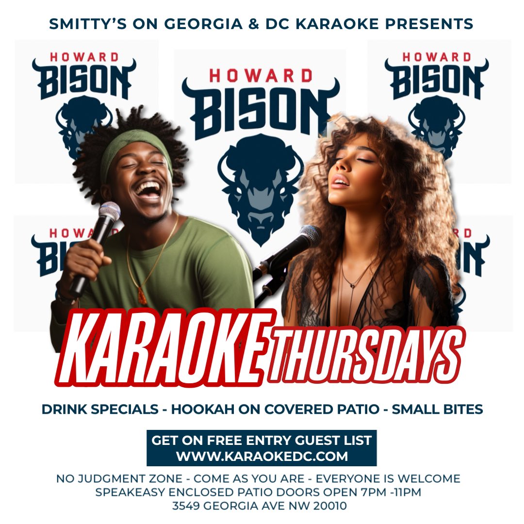 dckaraokeHH's tweet photo. #DMV Black Owned by #HU Grad. Join us this Thursday 7p-11p at Smitty’s After work—come as you are. Celebrate #birthdays. Free guest list https://t.co/nVwLr6Cve7 

 #DCHappyHour #mastersdegree #dcfood #dckaraoke #washingtondc #dceats #party  #dcevents #bsu #howarduniversity #hbcu https://t.co/5wYnt5KCNS