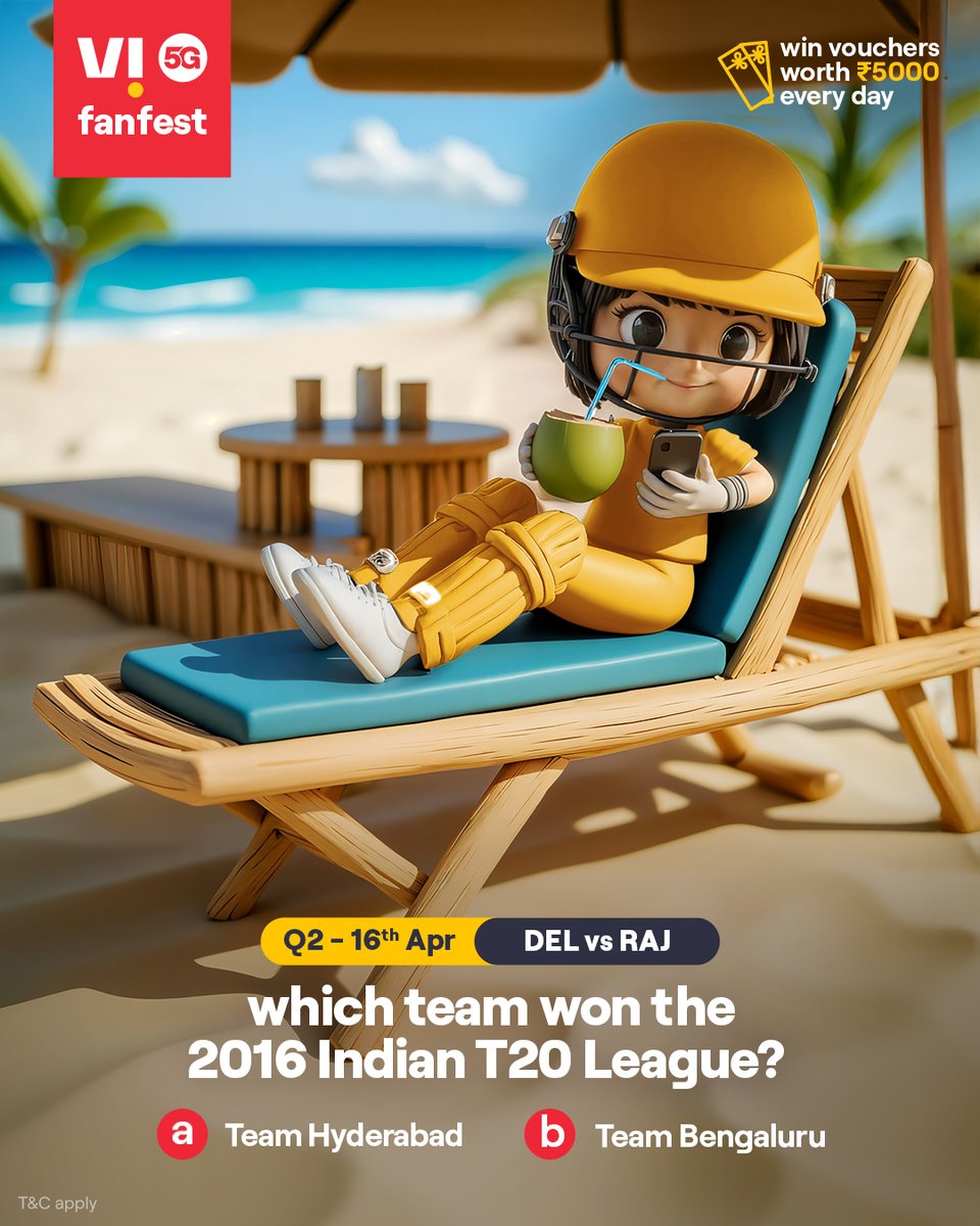 Cricky is testing your cricket IQ 🏏💡
Comment #Vi5Gfanfest with the right answers to all 5 questions today and stand a chance to win vouchers worth ₹5,000 🎟️✨🏆
.
.
#ChallengeAlert #WinPrizes #Quiz #ParticipateAndWin #DELvsRAJ #Delhi #Rajasthan
