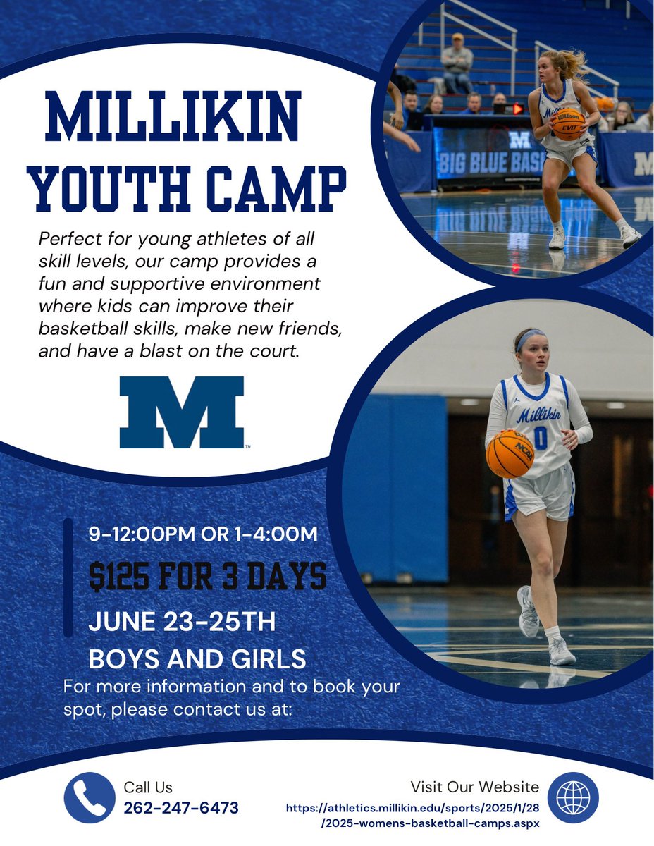Millikin University WBB (@millikinwbb) on Twitter photo Register today to attend our Youth camp or Elite camp in June‼️‼️ We are looking forward to having everyone back on campus!!! Our Youth camp is open to girls and boys!
Elite Camp Registration: athletics.millikin.edu/sb_output.aspx…
Youth Camp Registration: athletics.millikin.edu/sb_output.aspx…
#GoBigBlue Register today to attend our Youth camp or Elite camp in June‼️‼️ We are looking forward to having everyone back on campus!!! Our Youth camp is open to girls and boys!
Elite Camp Registration: athletics.millikin.edu/sb_output.aspx…
Youth Camp Registration: athletics.millikin.edu/sb_output.aspx…
#GoBigBlue