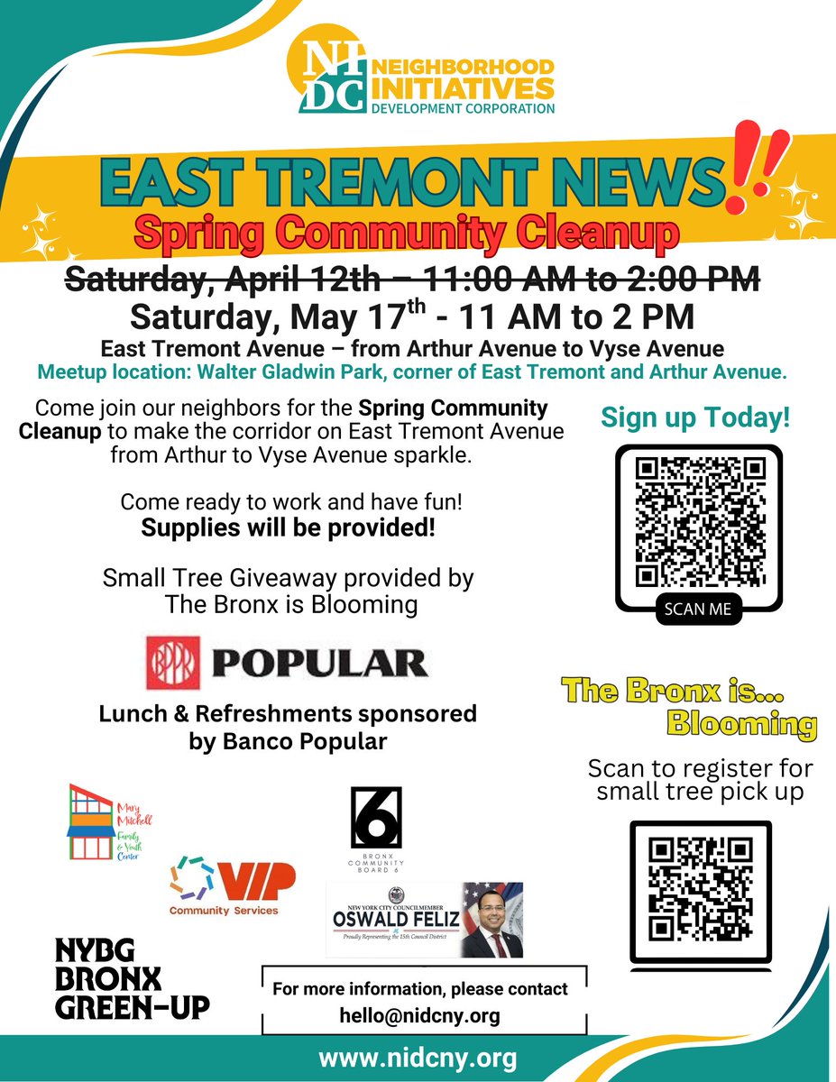 VIP Community Services (@vipcservices) on Twitter photo 📢 New Date: The East Tremont Spring Community Clean-Up is now Sat, May 17!
Join us to help make East Tremont Ave (Arthur → Vyse) shine!
🧤 Supplies provided
Info: hello@nidcny.org
#EastTremont #BronxCleanup #SpringIntoAction 📢 New Date: The East Tremont Spring Community Clean-Up is now Sat, May 17!
Join us to help make East Tremont Ave (Arthur → Vyse) shine!
🧤 Supplies provided
Info: hello@nidcny.org
#EastTremont #BronxCleanup #SpringIntoAction
