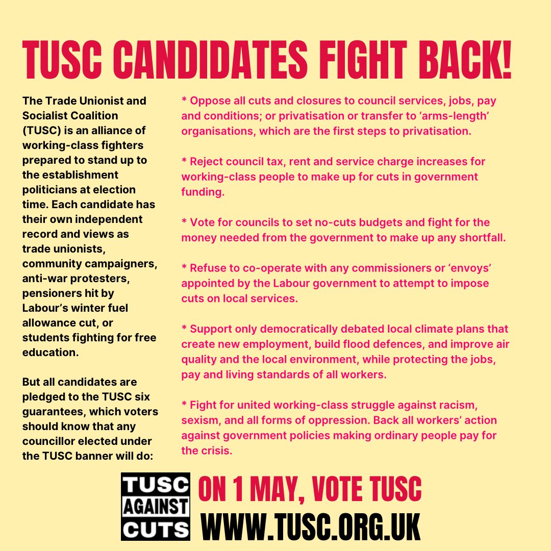 NunBedTUSC's tweet photo. In the Warwickshire County Council elections, we are standing 12 anti-cuts and anti-war candidates in Nuneaton &amp; Bedworth.

Labour no longer represents workers, and are slashing our public services. If elected, our candidates vow to stand against all cuts to local services. https://t.co/xoIzAVhdwX