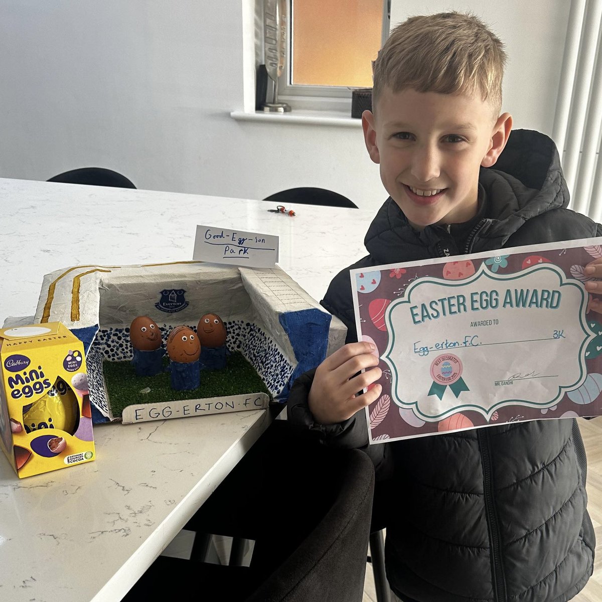 Laura_Webster_x's tweet photo. Louie Webster made Egg-erton at Good-egg-erson Park Stadium for his school competition and WON!🏆 He’s attending his first Everton game this weekend and can’t wait!! ⚽️💙 #EFCMatchday @Everton https://t.co/kpNL3vGoBp