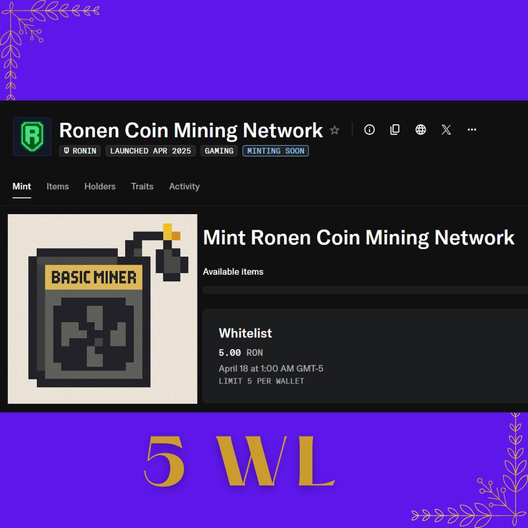 MukeGaming's tweet photo. 🚨 GIVING AWAY 5 WHITELIST SPOTS! 🚨

Miner sale: April 18th. With WL = 5 $RON

How to participate:  

💠 Use my referral: https://t.co/g5sEPTSSGJ
💠 Follow @MukeGaming & @ronencoin 
💠 Like & RT   
💠 Tag 2 friends and Comment your Ronin Address (No RNS)

Ends in 24 hours.