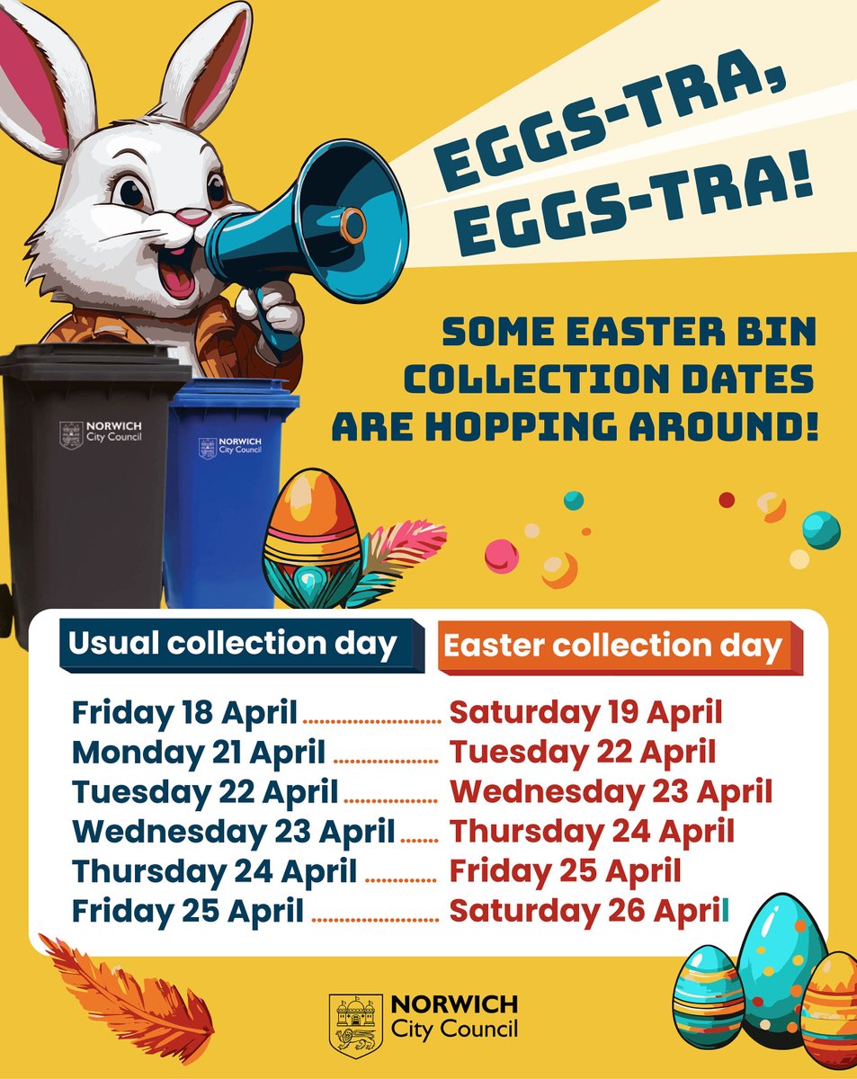 📣 EGGS-TRA, EGGS-TRA! 📣 

Don't forget your bin collection dates will change over Easter! ⬇️