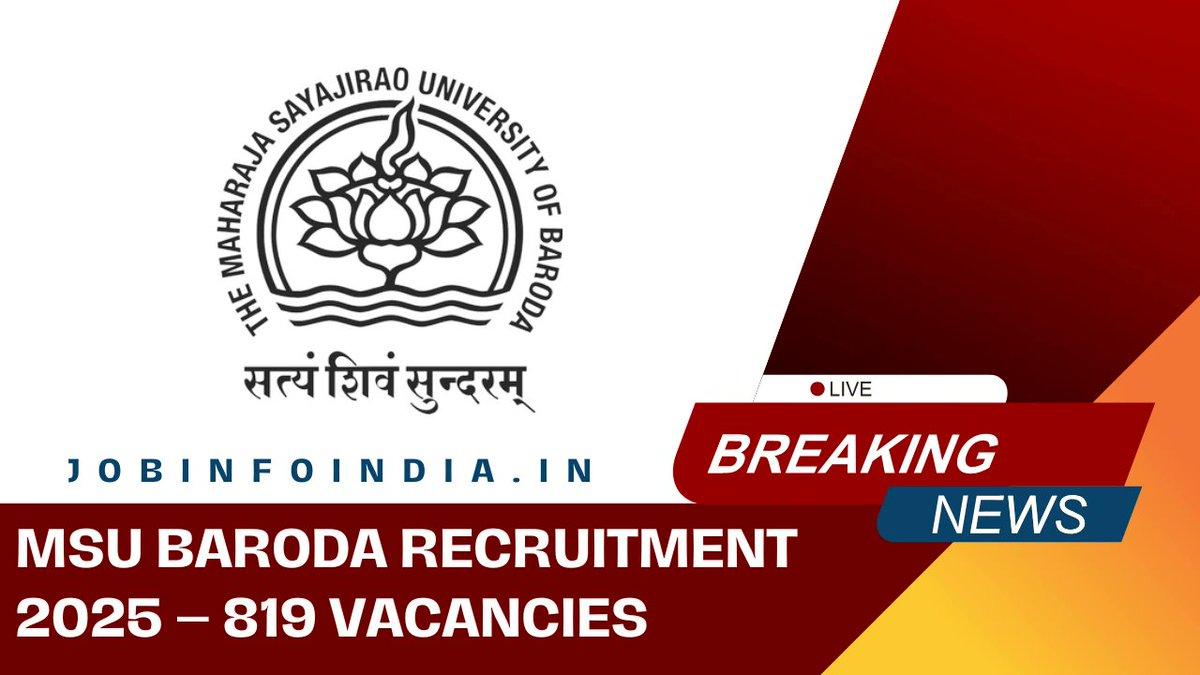 Jobinfoindia's tweet photo. MSU Baroda Recruitment 2025 – 819 Vacancies | Apply Before 30th April https://t.co/suKNyJY6Xi https://t.co/1Fqkd4NT8B
