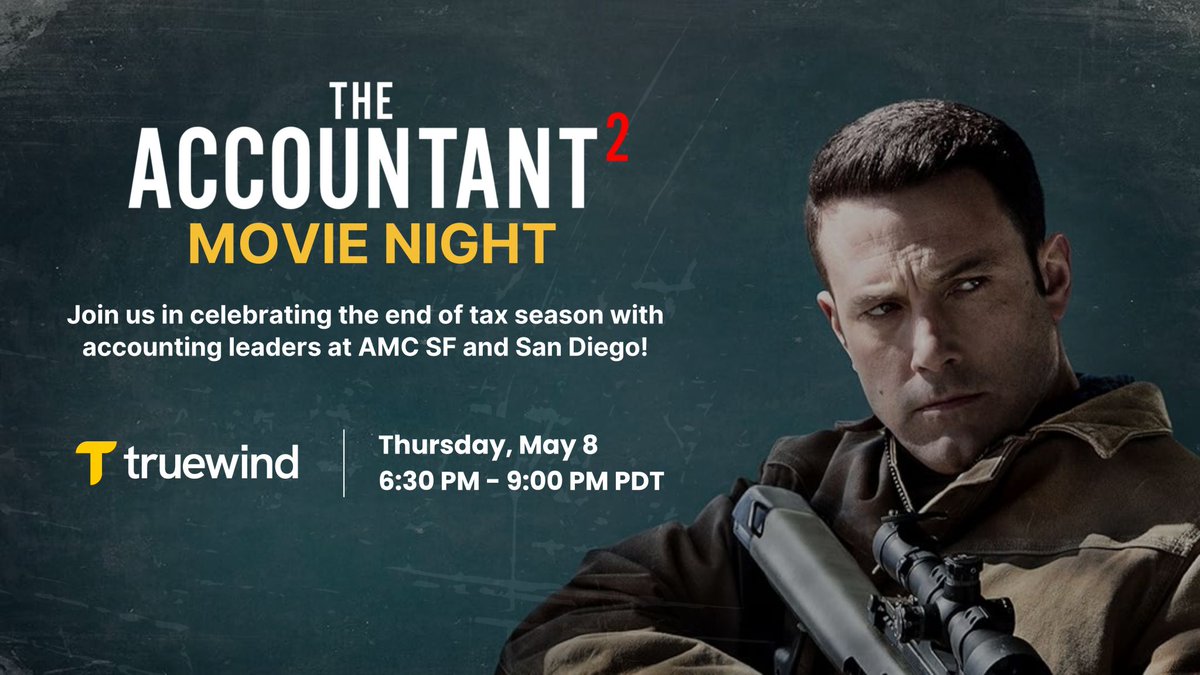 Tax season’s over. Ben Affleck is back.

On May 8th, <a href="/truewindai/">Truewind</a> is having a private screening  in SF and San Diego of <a href="/accountantmovie/">The Accountant</a> 2.

No CPE, but we’ll make it up with popcorn, drinks, and good company.

If you’re in town, swing by. Plus-ones welcome.

🎟RSVP here: