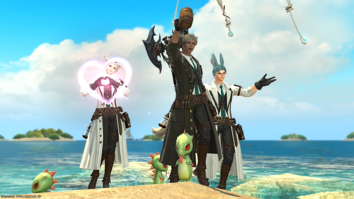 気狂い地図部やってるのであまりにも出ないドリームウエポンチェストの願掛けにG17で出る報酬のミニオンと髪型と素材の服着て周った時の記念写真（ドリームウエポンチェストは一応出た）