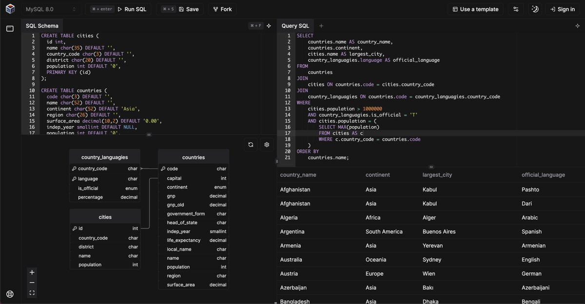 midudev's tweet image. ¿Aprendiendo SQL? ¡Necesitas esta página!
Un editor en línea para practicar y prototipar
✓ Funciona con MySQL y PostgreSQL
✓ Crea diagramas automáticamente
✓ Fácil de utilizar y gratuito
→ sqlplayground.tech