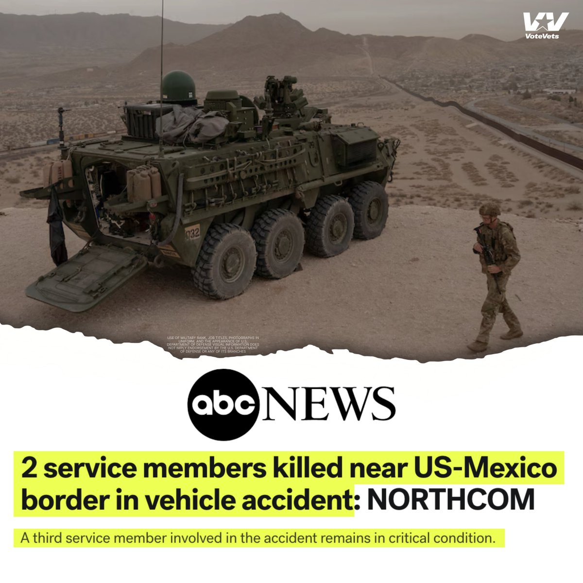 votevets's tweet photo. Two U.S. Servicemembers are dead, one critically injured—killed in a vehicle crash while deployed to the southern border under Trump’s executive order.
They weren’t in combat. They were in New Mexico.
Their loss is a tragic reminder of the real risks behind political decisions.
MORE: https://t.co/w6eIkR0qK1