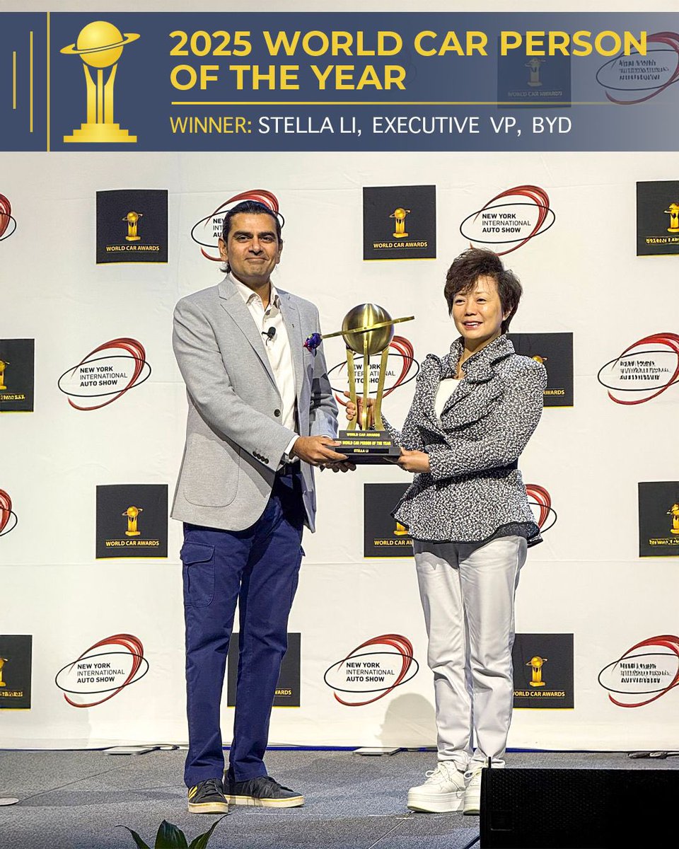 sidpatankar's tweet image. The first award this morning was the trophy being presented to the 2025 World Car Person of the Year. The winner as announced this January is Stella Li, Executive VP, BYD. Was thrilled to be able to present her the award!

#WCOTY #PersonOfTheYear #worldcarawards #stellali #byd