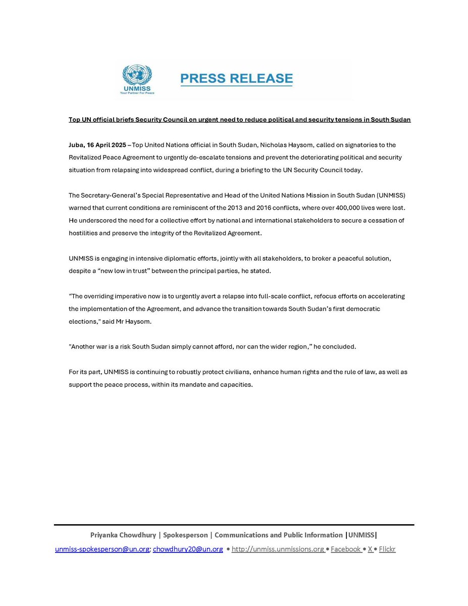 Amid a sharp deterioration in the political and security situation in #SouthSudan 🇸🇸, the Head of #UNMISS, Nicholas Haysom, briefed the <a href="/UN/">United Nations</a> Security Council on the need for urgent steps to secure a cessation of hostilities, preserve the peace deal, and prevent a relapse into war.