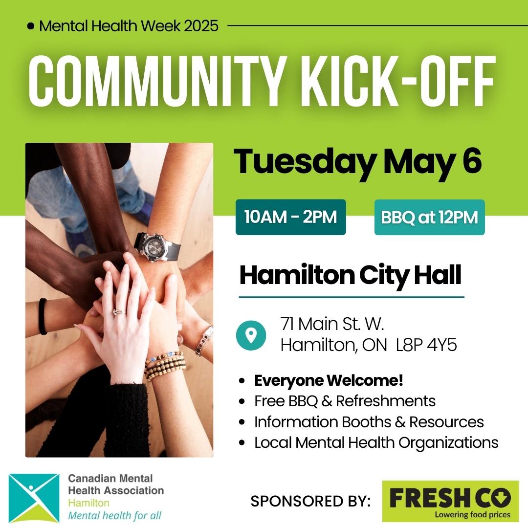 Looking to get some information on services in our area? Join us for a free BBQ and information fair as we host our Mental Health Week Community Kick-Off on Tuesday, May 6 from 10-2 pm in front of City Hall. Help us #UnmaskMentalhealth!!! Sponsored by Freshco!