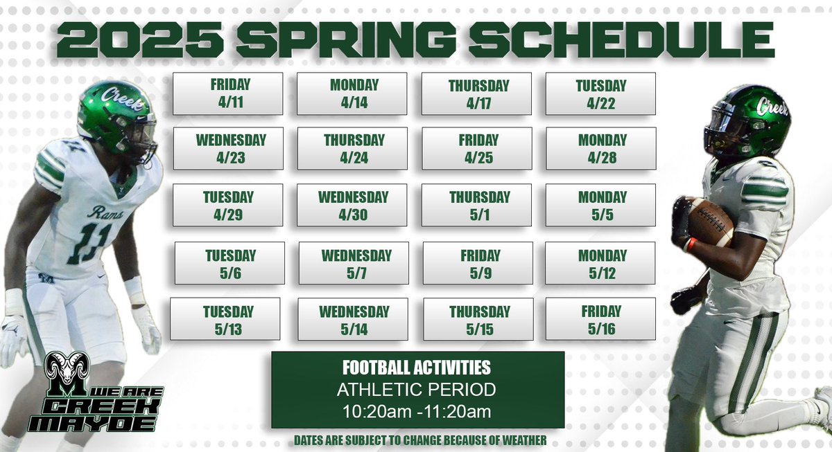 MAYDE CREEK RAMS (@mcramfootball) on Twitter photo Mayde Creek Rams Spring Football Schedule 2025!! <a href="/CoachAro44/">Mike Arogbonlo</a> <a href="/CoachWilson06/">Coach Wilson, M.S, PES, USAW1📚</a>
#CreekMayde Mayde Creek Rams Spring Football Schedule 2025!! <a href="/CoachAro44/">Mike Arogbonlo</a> <a href="/CoachWilson06/">Coach Wilson, M.S, PES, USAW1📚</a>
#CreekMayde