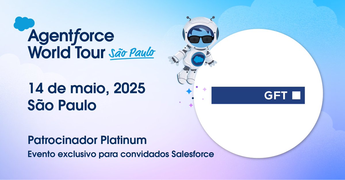 gft_br's tweet photo. Estaremos no #Agentforce2025 da Salesforce!
📅14/5 | 🕘9h |📍Transamerica Expo – SP
Nosso foco será na nossa solução AI Impact, que une IA + estratégia para transformar o CRM e a experiência do cliente.
Saiba mais: https://t.co/bYjJ2JFtnD
#GFTAiImpact #GFTNoAgentforce2025 https://t.co/wvI2n1NeW8