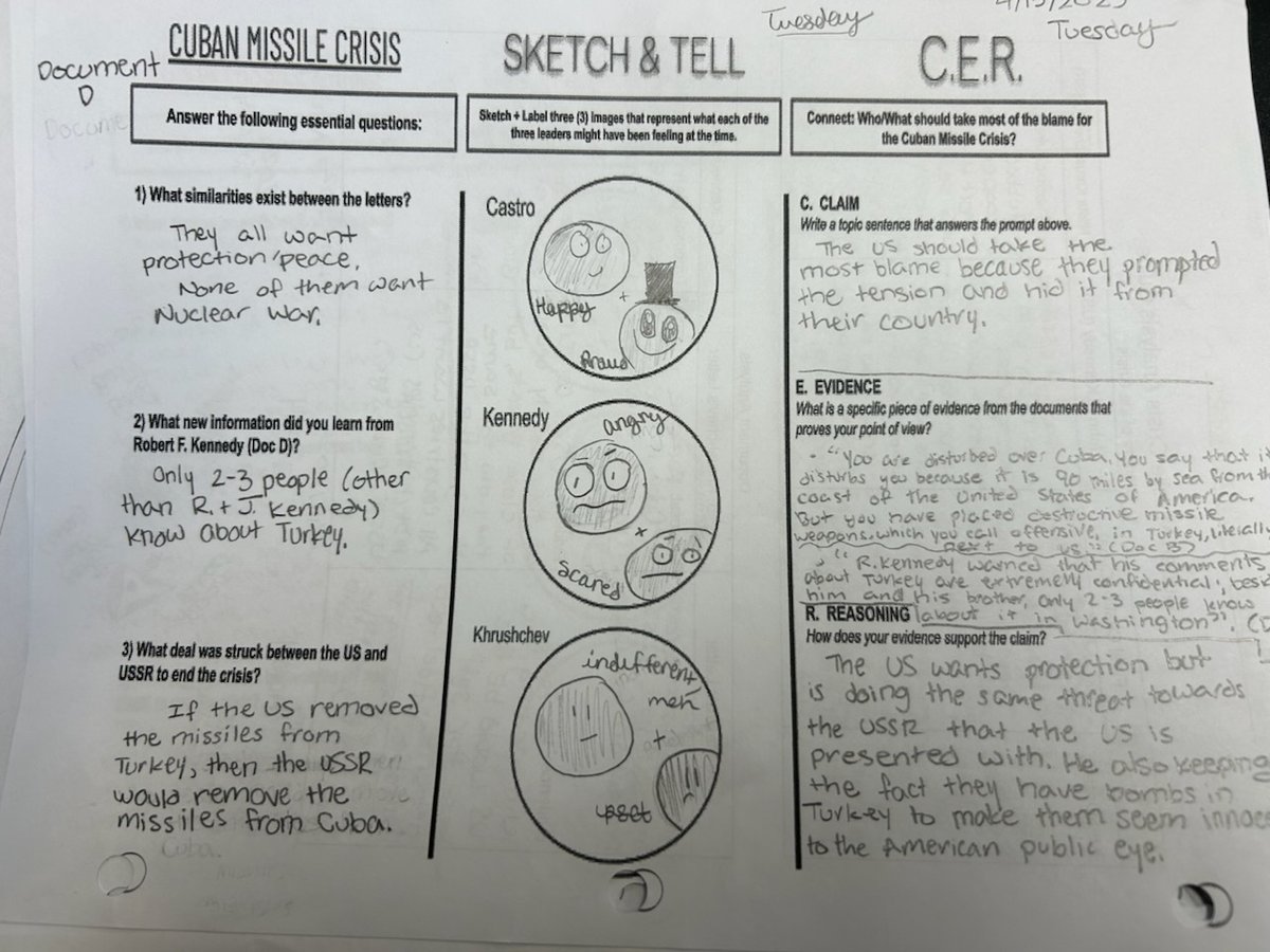Studying the Cold War, Ss analyzed proxy events through Hexagonal Thinking and used Class Companion to assess their analyses! 

Then we used Thin Slides, followed by a quick Sketch and Tell + 3xCER to figure out who/what was the most to blame for the Cuban Missile Crisis.