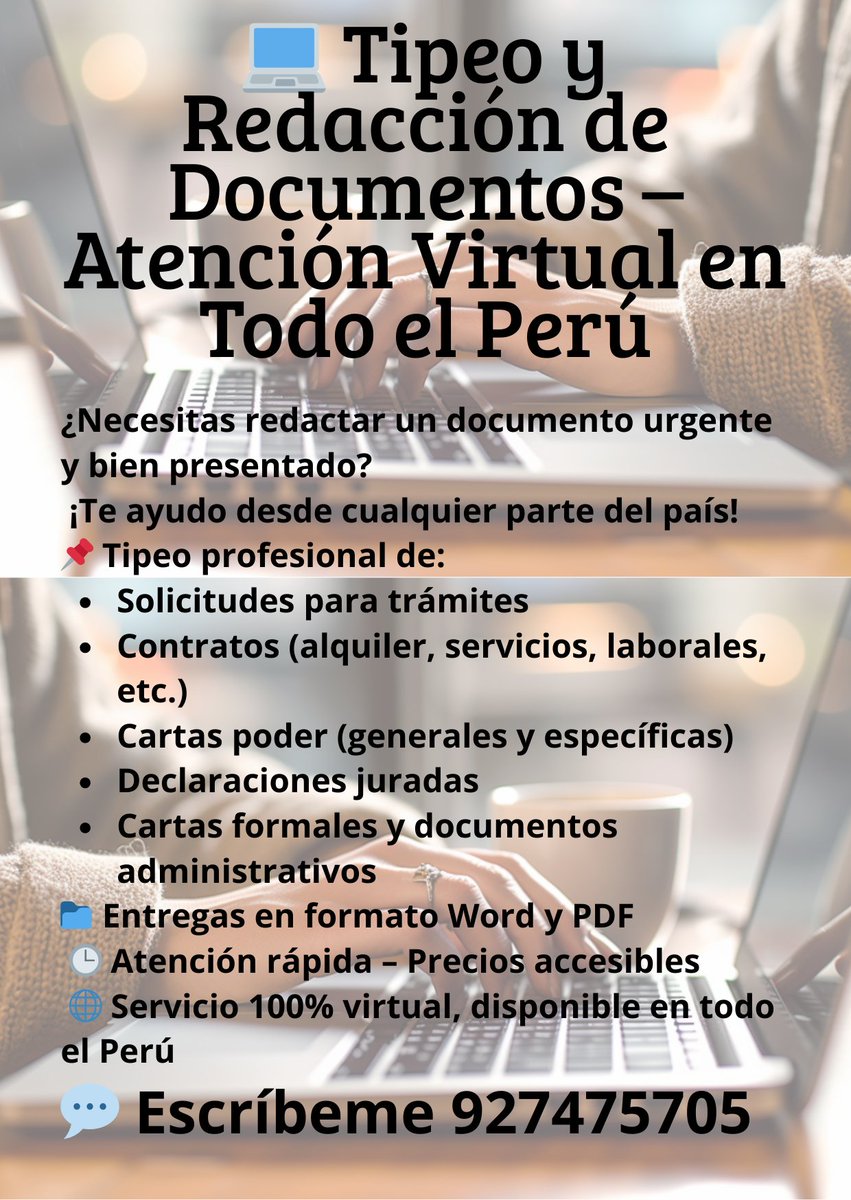 SamuelAlar11716's tweet photo. #TipeoDeDocumentos #TipeoVirtual #Redacción #TareasEscolares #TrabajosUniversitarios  
#ServiciosVirtuales #ApoyoEscolar #TrabajoRemoto #FreelancePerú  
#PerúEmprende #EmprendedoresPeruanos #TipeoAlInstante #TipeoPerú  
#VirtualAssistant #EntregaRápida #WhatsAppNegocios l https://t.co/LTsHaiEst1