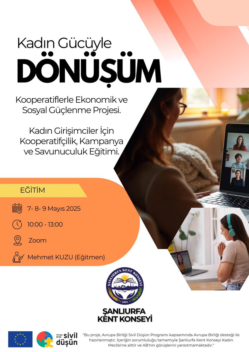 🎯 Kadın Gücüyle Dönüşüm Başlıyor!

Şanlıurfa Kent Konseyi olarak, kadın girişimciliğini ve kadın kooperatifçiliğini desteklemek amacıyla hazırladığımız "Kadın Gücüyle Dönüşüm: Kooperatiflerle Ekonomik ve Sosyal Güçlenme" projesi kapsamında online eğitimlerimize başlıyoruz! 💪