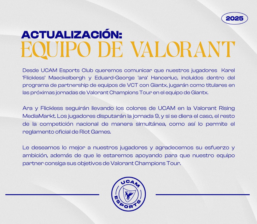[COMUNICADO OFICIAL 🔴]

<a href="/ara999_/">GX ara</a> y <a href="/Flickless_/">GX Flickless</a> jugarán como títulares en <a href="/GIANTXGG/">GIANTX</a> en las próximas jornadas de #VCTEMEA .

Los jugadores también dispurán de forma simultánea los partidos de #RisingMediaMarkt.