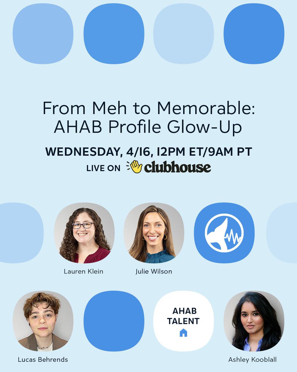Happening in 1 hour 🚨

Ahab co-creator <a href="/JuliannaNWilson/">Julie Wilson | NYC</a> with producers Lauren Klein, Ashley Kooblall &amp; Lucas Behrends help you glow-up your Ahab profile.

Join us @ 12 PM ET / 9 AM PT at Club: Ahab Talent