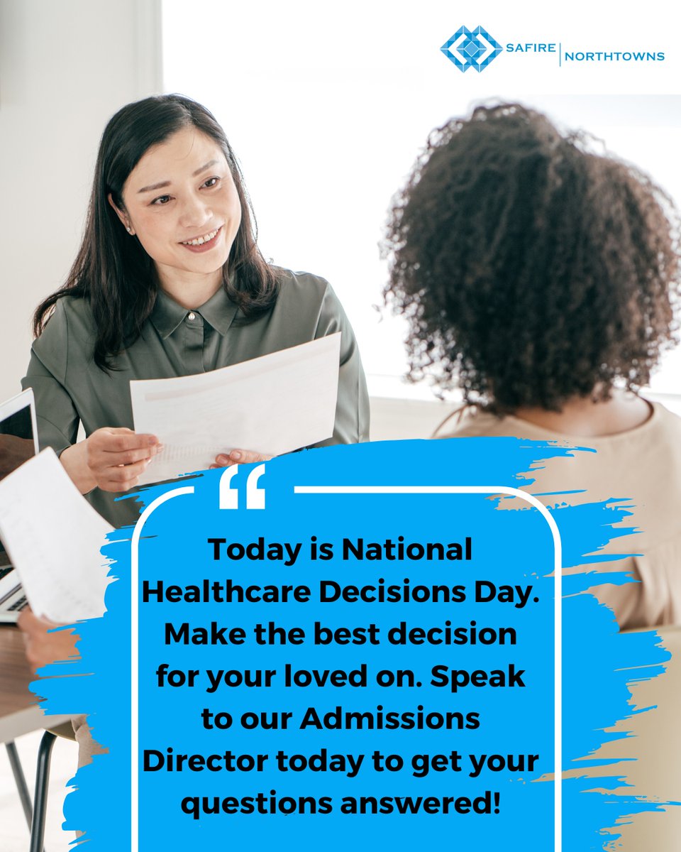 northtownscc's tweet photo. Today is National Healthcare Decisions Day! 🏥💙 Making the right choice for your loved one’s care is important. Our admissions team is here to guide you through the process and answer all your questions. Speak with our Admissions Director today! 📞 716.218.4300 

#NHDD https://t.co/ahgC4PcJnT